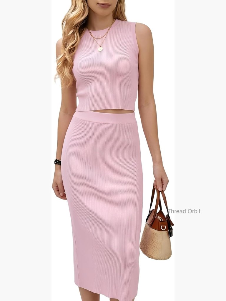 Knit Skirt Set Sleeveless Top Midi Skirt Stretch Fit Summer Outfit